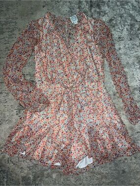 Blue Rain Floral Long-Sleeve Romper in Orange, White, Blue